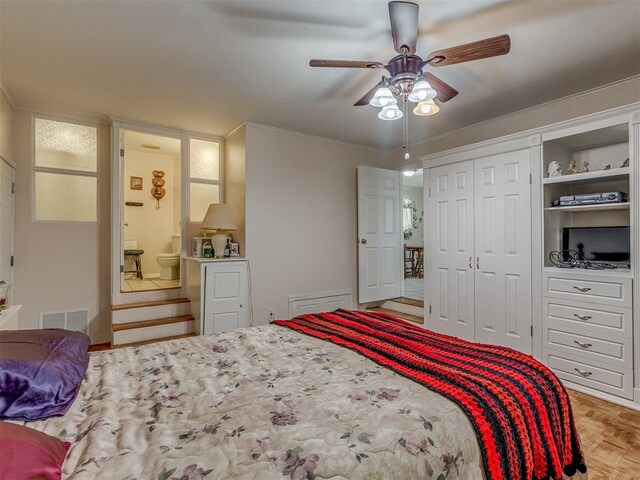 3113 SE 20th St, Oklahoma City, OK 73115 - bedroom with ensuite bathroom, a ceiling fan, ornamental molding, and a closet