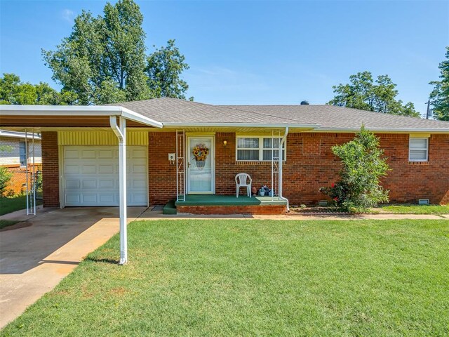 3113 SE 20th St, Oklahoma City, OK 73115 - ranch-style home with driveway, a garage, a front lawn, brick siding, and a shingled roof