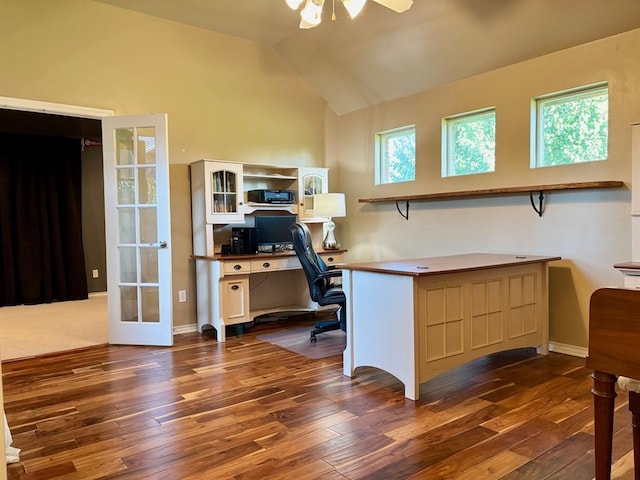 20301 Flowered Meadows Way, Edmond, OK 73012 - home office featuring dark wood-style floors, vaulted ceiling, ceiling fan, and french doors