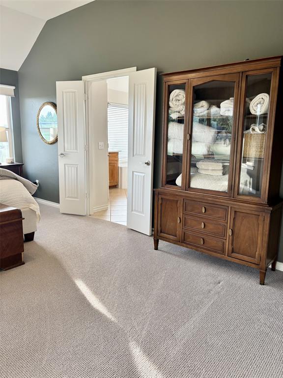 20301 Flowered Meadows Way, Edmond, OK 73012 - bedroom featuring lofted ceiling and light colored carpet