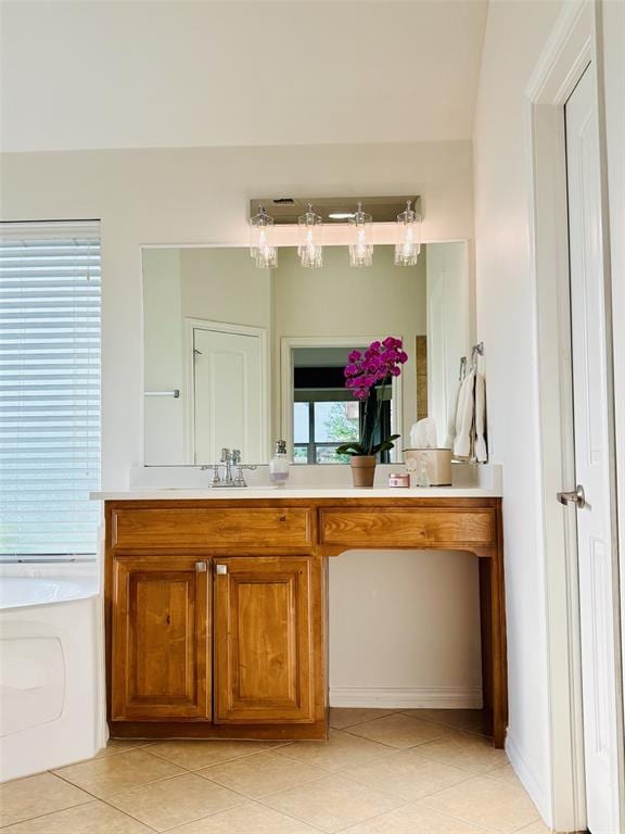 20301 Flowered Meadows Way, Edmond, OK 73012 - full bathroom with vanity, a bath, tile patterned flooring, and a chandelier