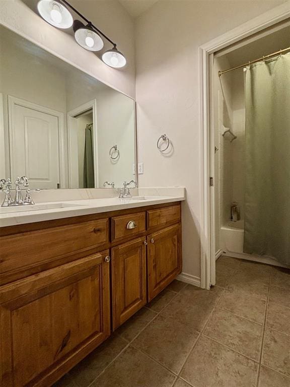 20301 Flowered Meadows Way, Edmond, OK 73012 - bathroom with tile patterned flooring, vanity, and shower / bathtub combination with curtain