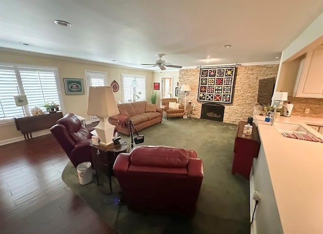 1516 N Hudson St, Altus, OK 73521 - living room featuring ceiling fan, wood finished floors, ornamental molding, and recessed lighting