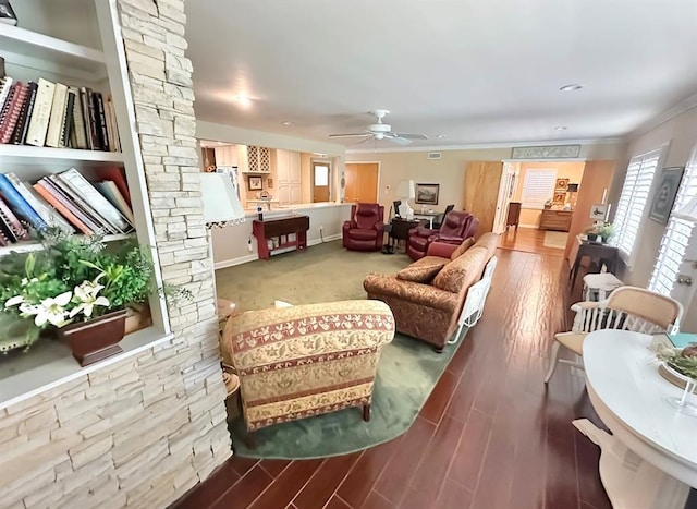 1516 N Hudson St, Altus, OK 73521 - living area featuring ceiling fan, ornamental molding, wood finished floors, and recessed lighting