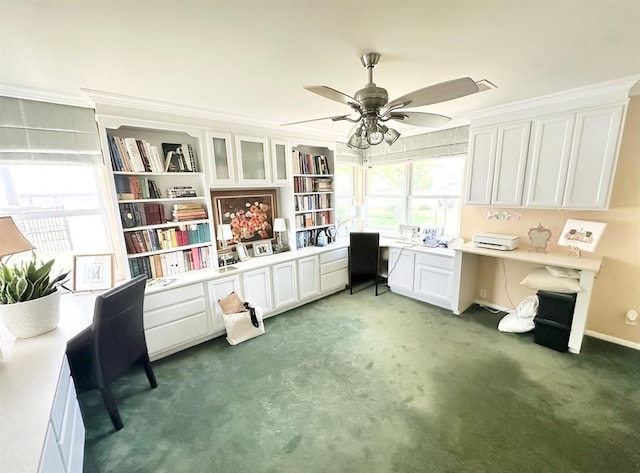 1516 N Hudson St, Altus, OK 73521 - office featuring built in desk, a ceiling fan, light carpet, and crown molding