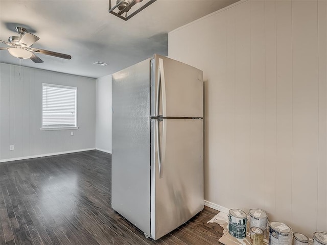 2104 Westchester Dr, Oklahoma City, OK 73120 - kitchen featuring freestanding refrigerator, dark wood finished floors, and a ceiling fan