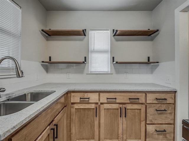2104 Westchester Dr, Oklahoma City, OK 73120 - kitchen featuring open shelves, backsplash, and light stone countertops