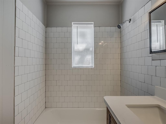 2104 Westchester Dr, Oklahoma City, OK 73120 - bathroom featuring vanity,  shower combination, healthy amount of natural light, and ornamental molding