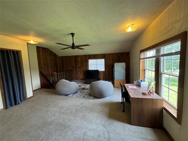 36166 Ew 1120th Rd, Seminole, OK 74868 - office area featuring carpet flooring, a textured ceiling, wooden walls, a ceiling fan, and lofted ceiling