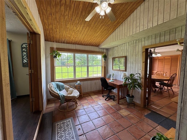 36166 Ew 1120th Rd, Seminole, OK 74868 - office with vaulted ceiling, ceiling fan, wood ceiling, and wooden walls