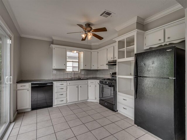 2805 SW 60th St, Oklahoma City, OK 73159 - kitchen featuring black appliances, open shelves, a ceiling fan, dark countertops, and ornamental molding