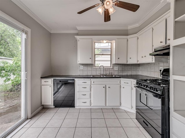 2805 SW 60th St, Oklahoma City, OK 73159 - kitchen with black appliances, under cabinet range hood, dark countertops, ceiling fan, and white cabinets