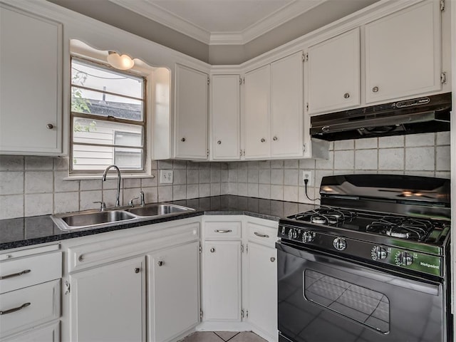 2805 SW 60th St, Oklahoma City, OK 73159 - kitchen featuring black gas range oven, under cabinet range hood, crown molding, and white cabinetry