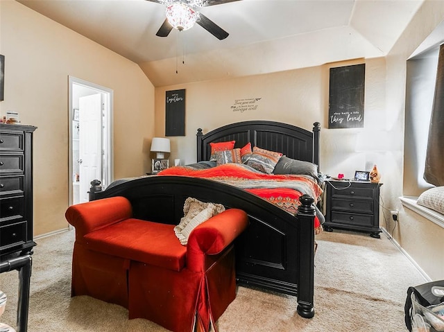 1201 W Churchill Way, Mustang, OK 73064 - bedroom featuring carpet floors, lofted ceiling, connected bathroom, and a ceiling fan