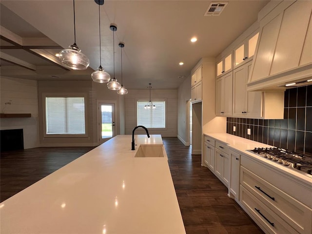 16405 Brookefield Dr, Edmond, OK 73013 - kitchen featuring custom exhaust hood, open floor plan, white cabinets, recessed lighting, and dark wood-type flooring