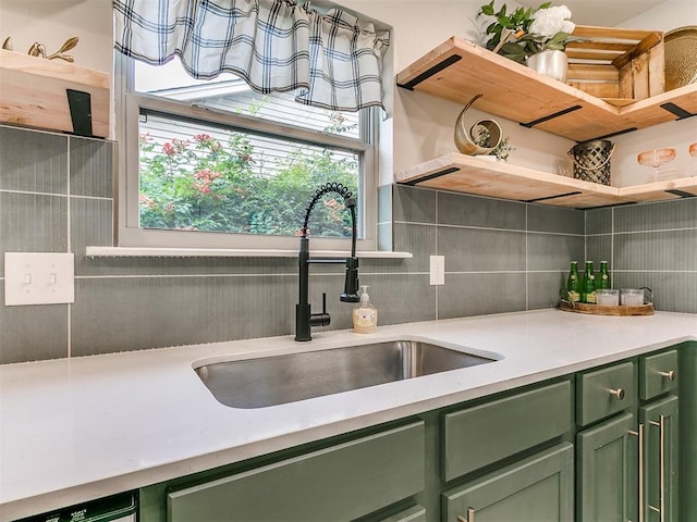 1408 Chimney Hill Rd, Yukon, OK 73099 - kitchen featuring green cabinetry, open shelves, and decorative backsplash