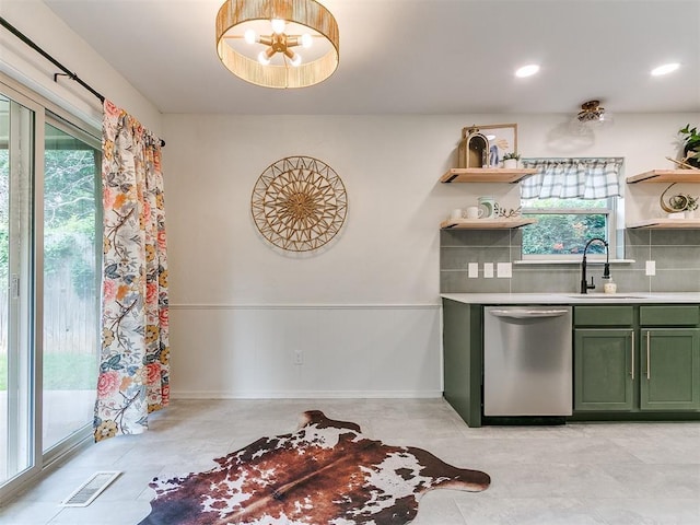 1408 Chimney Hill Rd, Yukon, OK 73099 - kitchen with green cabinets, dishwasher, and healthy amount of natural light