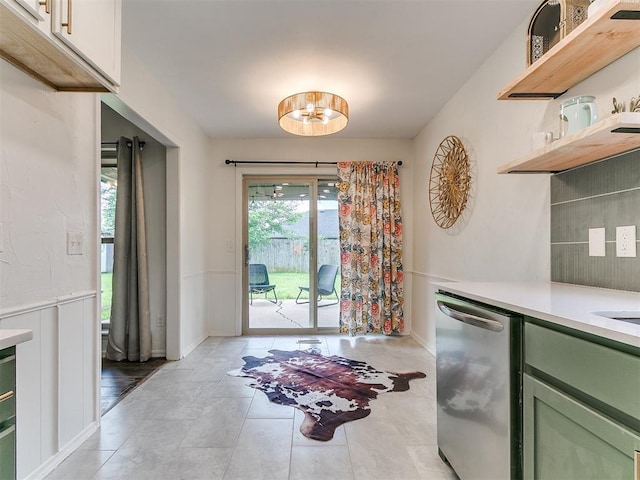 1408 Chimney Hill Rd, Yukon, OK 73099 - kitchen with dishwasher, green cabinetry, open shelves, and light countertops