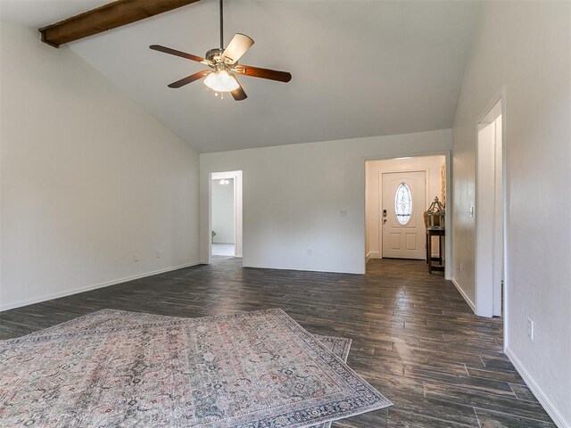 1408 Chimney Hill Rd, Yukon, OK 73099 - foyer entrance featuring ceiling fan, wood finished floors, beamed ceiling, and high vaulted ceiling
