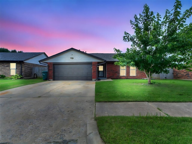 1408 Chimney Hill Rd, Yukon, OK 73099 - ranch-style house with an attached garage, a lawn, concrete driveway, and brick siding