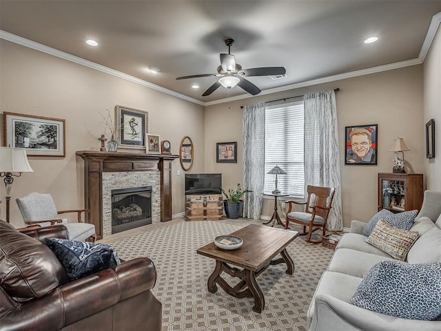 2204 Cale Cv, Yukon, OK 73099 - living room featuring ceiling fan, a fireplace, recessed lighting, and ornamental molding