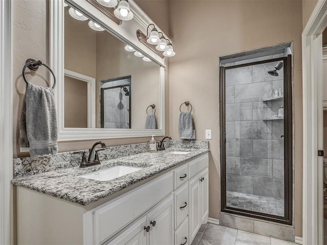 2204 Cale Cv, Yukon, OK 73099 - bathroom with a shower stall, double vanity, and tile patterned floors