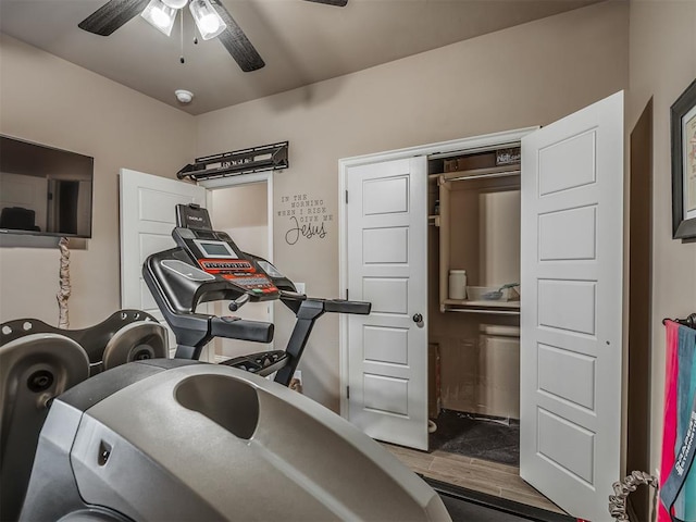 2204 Cale Cv, Yukon, OK 73099 - workout room featuring a ceiling fan and wood finished floors