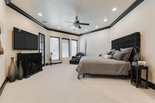 3617 Stagmoor Rd, Edmond, OK 73034 - carpeted bedroom featuring crown molding, recessed lighting, and ceiling fan