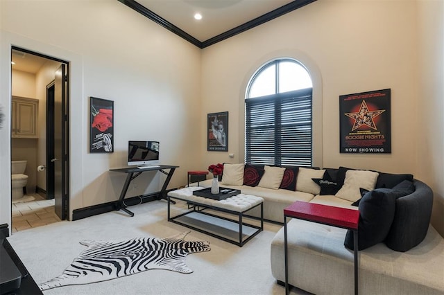 3617 Stagmoor Rd, Edmond, OK 73034 - living room featuring crown molding and light colored carpet