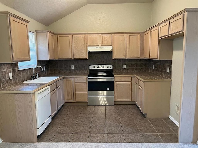 916 Beaumont Sq, Norman, OK 73071 - kitchen with stainless steel electric stove, under cabinet range hood, dishwasher, tile counters, and vaulted ceiling