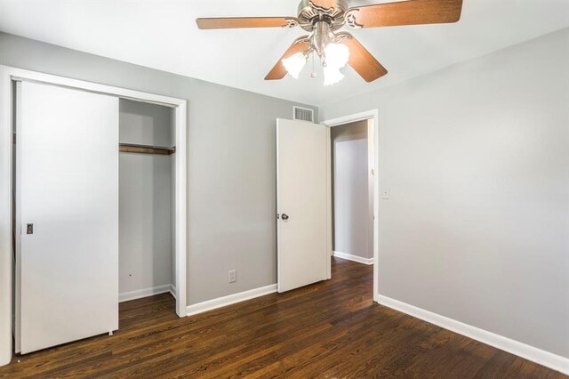 3012 NW 67th St, Oklahoma City, OK 73116 - unfurnished bedroom featuring wood finished floors, a closet, and a ceiling fan