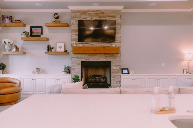 12113 SW 45th Ter, Mustang, OK 73064 - living area with crown molding and a fireplace