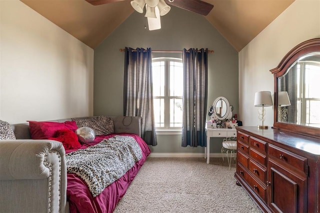 4417 Man O War Dr, Edmond, OK 73025 - bedroom featuring light carpet, vaulted ceiling, and a ceiling fan