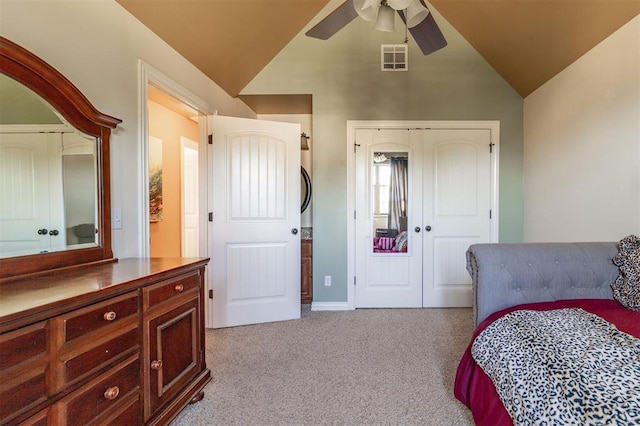 4417 Man O War Dr, Edmond, OK 73025 - bedroom featuring lofted ceiling, carpet floors, a closet, and ceiling fan