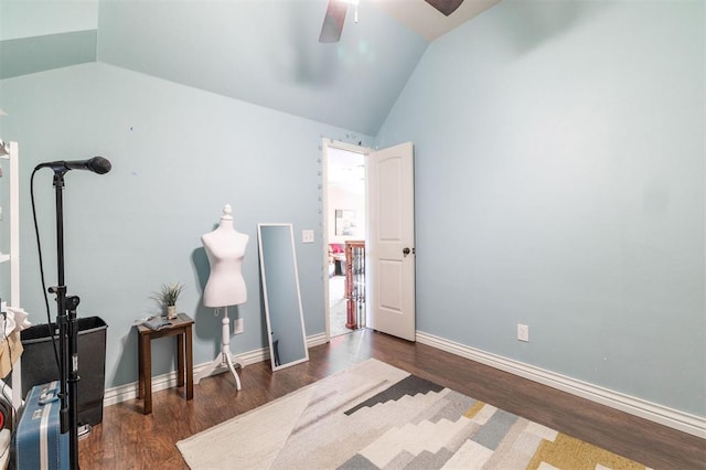 4417 Man O War Dr, Edmond, OK 73025 - bedroom featuring lofted ceiling, wood finished floors, and ceiling fan