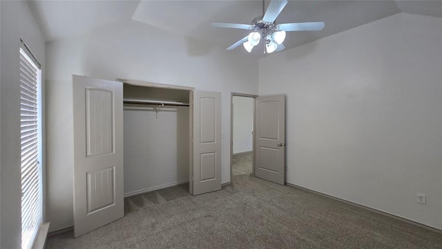 3441 NW 176th St, Edmond, OK 73012 - unfurnished bedroom featuring carpet floors, a closet, high vaulted ceiling, and ceiling fan