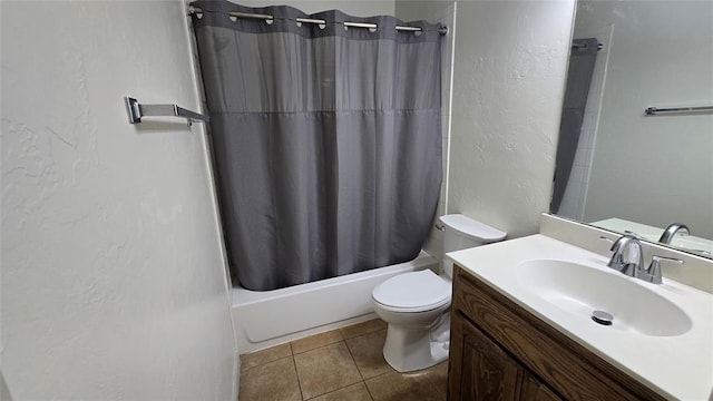 3441 NW 176th St, Edmond, OK 73012 - full bath featuring shower / bathtub combination with curtain, vanity, tile patterned floors, and a textured wall