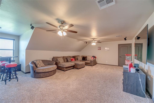 11620 Mallorca Dr, Oklahoma City, OK 73173 - living room featuring carpet, a ceiling fan, and lofted ceiling