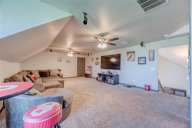 11620 Mallorca Dr, Oklahoma City, OK 73173 - living area featuring carpet flooring, a ceiling fan, and vaulted ceiling