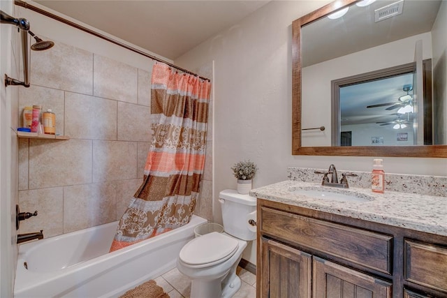 11620 Mallorca Dr, Oklahoma City, OK 73173 - bathroom with vanity, shower / bath combo, a ceiling fan, and tile patterned floors