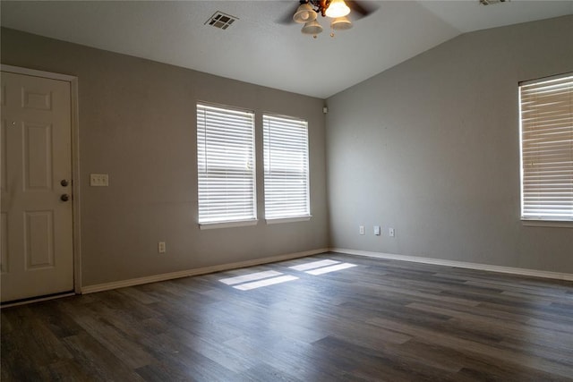 1001 Hyacinth Hollow Dr, Yukon, OK 73099 - unfurnished room featuring ceiling fan, lofted ceiling, and dark wood finished floors