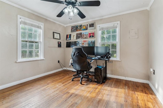 300 S Davidson Rd, Midwest City, OK 73130 - office with hardwood / wood-style floors, a ceiling fan, and ornamental molding