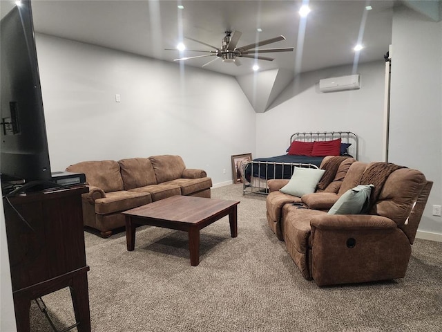 26784 Stirrup Ct, Blanchard, OK 73010 - living area with light colored carpet, a wall mounted AC, a ceiling fan, and vaulted ceiling