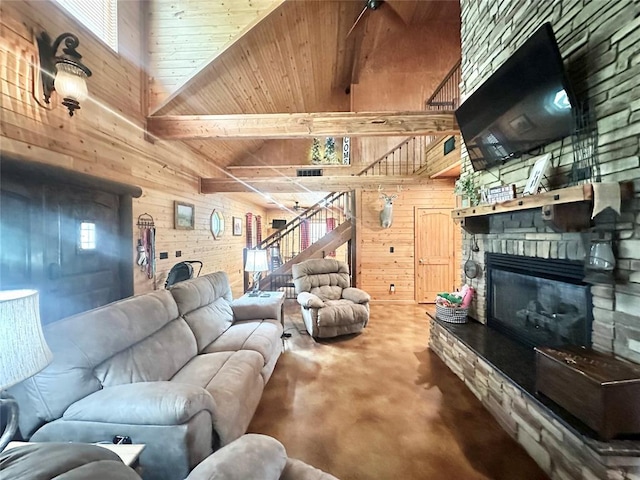 17701 S Rock Creek Rd, Shawnee, OK 74801 - living area featuring wooden walls, a fireplace, high vaulted ceiling, and a wooden ceiling with exposed beams