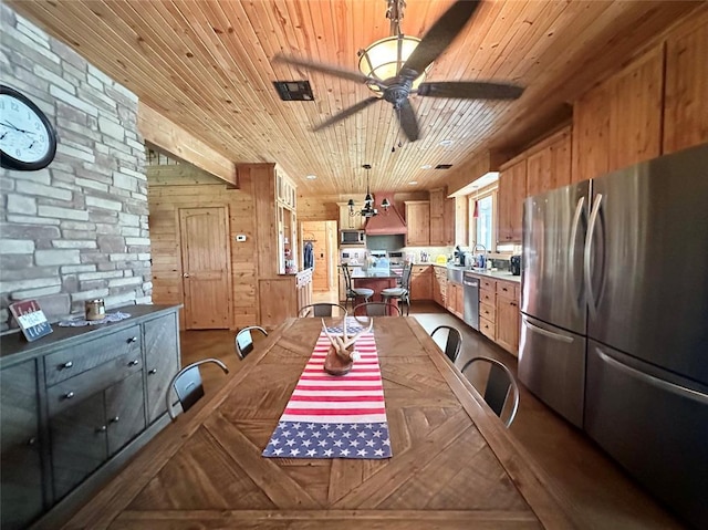 17701 S Rock Creek Rd, Shawnee, OK 74801 - kitchen with stainless steel appliances, wood ceiling, ceiling fan, light countertops, and decorative light fixtures