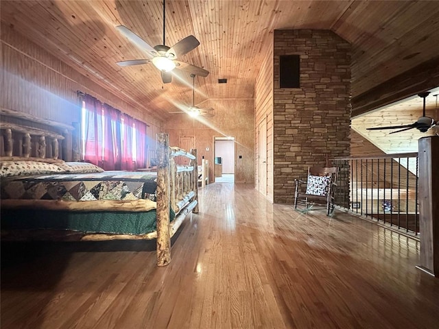 17701 S Rock Creek Rd, Shawnee, OK 74801 - bedroom with high vaulted ceiling, wooden ceiling, and wood finished floors