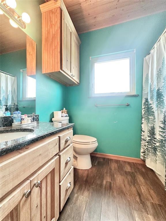 17701 S Rock Creek Rd, Shawnee, OK 74801 - bathroom featuring vanity, wood-type flooring, wood ceiling, and a shower with shower curtain