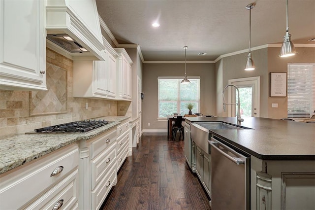 2473 Vellano Ln, Edmond, OK 73034 - kitchen with appliances with stainless steel finishes, custom range hood, dark wood-style floors, tasteful backsplash, and white cabinets