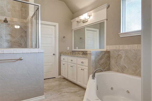 2473 Vellano Ln, Edmond, OK 73034 - bathroom featuring a shower stall, vanity, a jetted tub, and lofted ceiling
