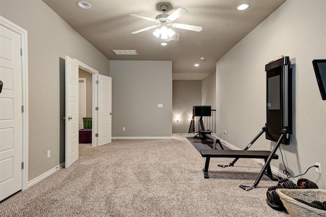 2473 Vellano Ln, Edmond, OK 73034 - exercise area with a ceiling fan, carpet floors, and recessed lighting
